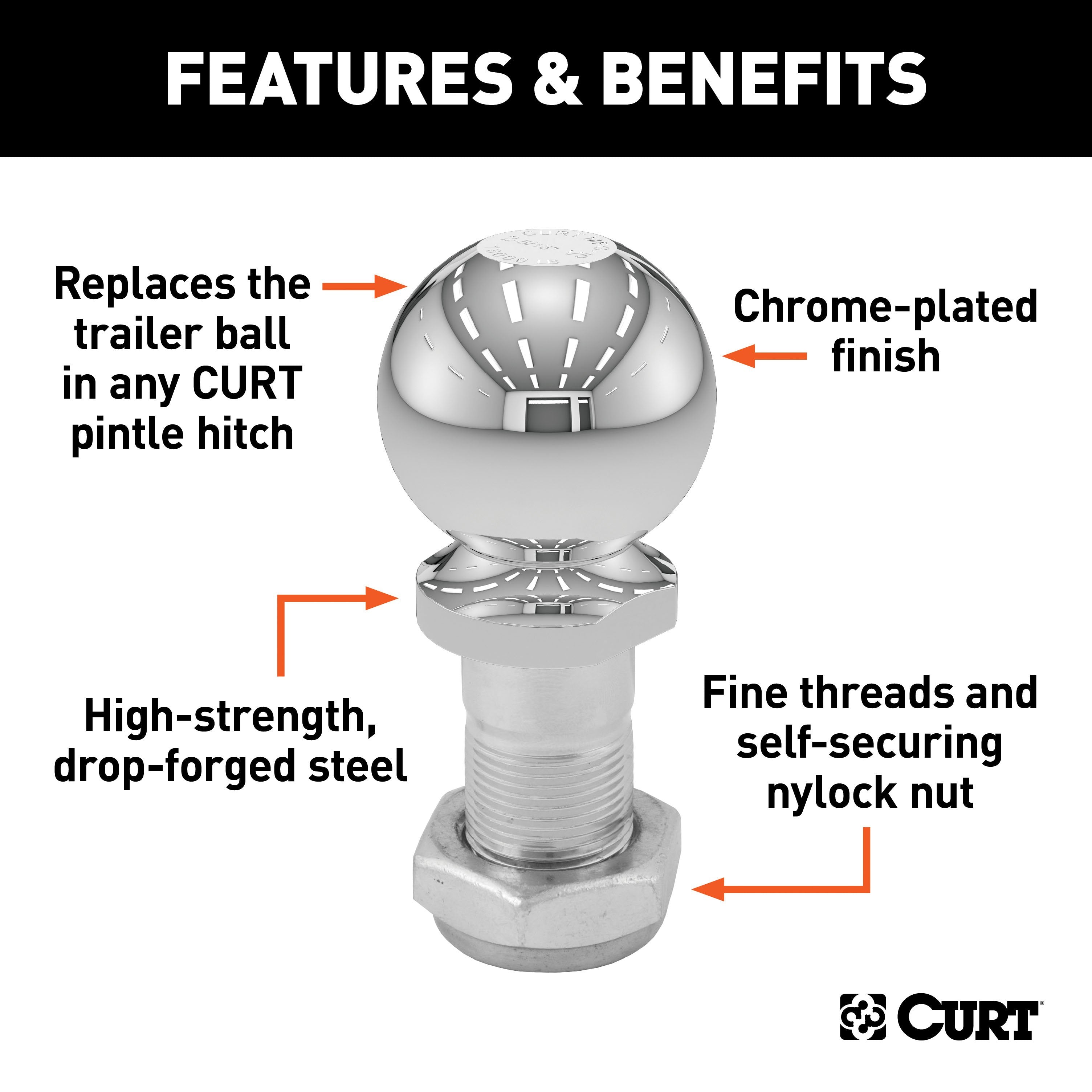 CURT Replacement 2-5/16-Inch Pintle Hitch Ball, 16,000 lbs, 1-1/4-Inch Shank Diameter Model 48830