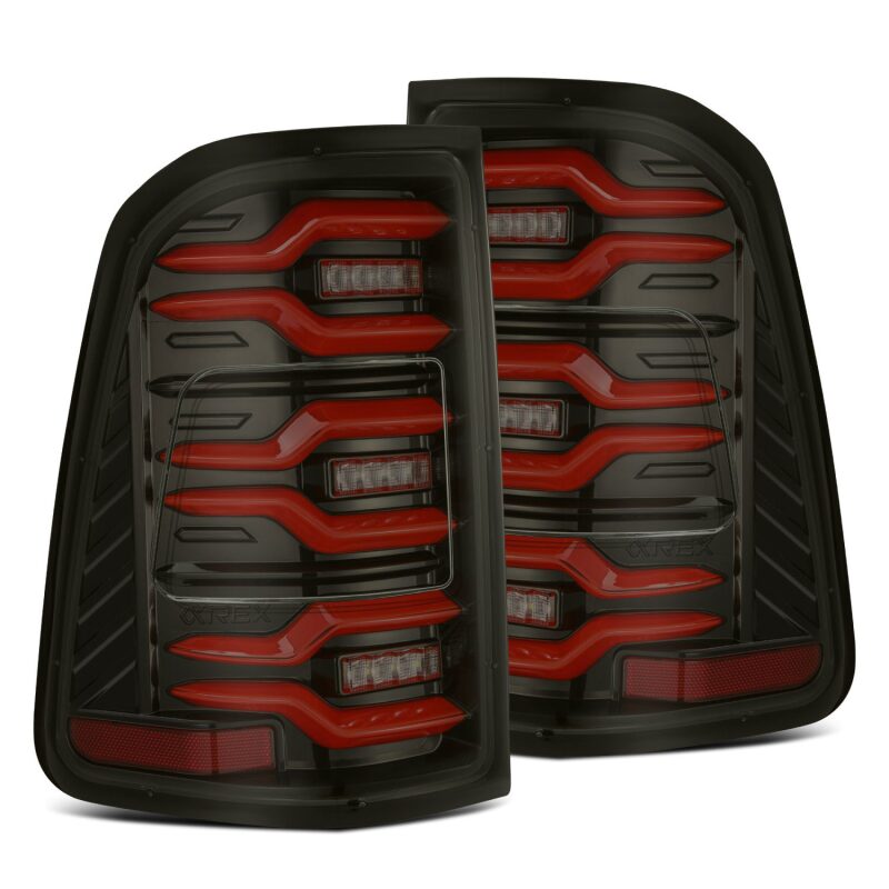 AlphaRex Luxx-Series LED tail lights for 19-21 Dodge Ram 1500 in black and red with sequential signal and active light features.