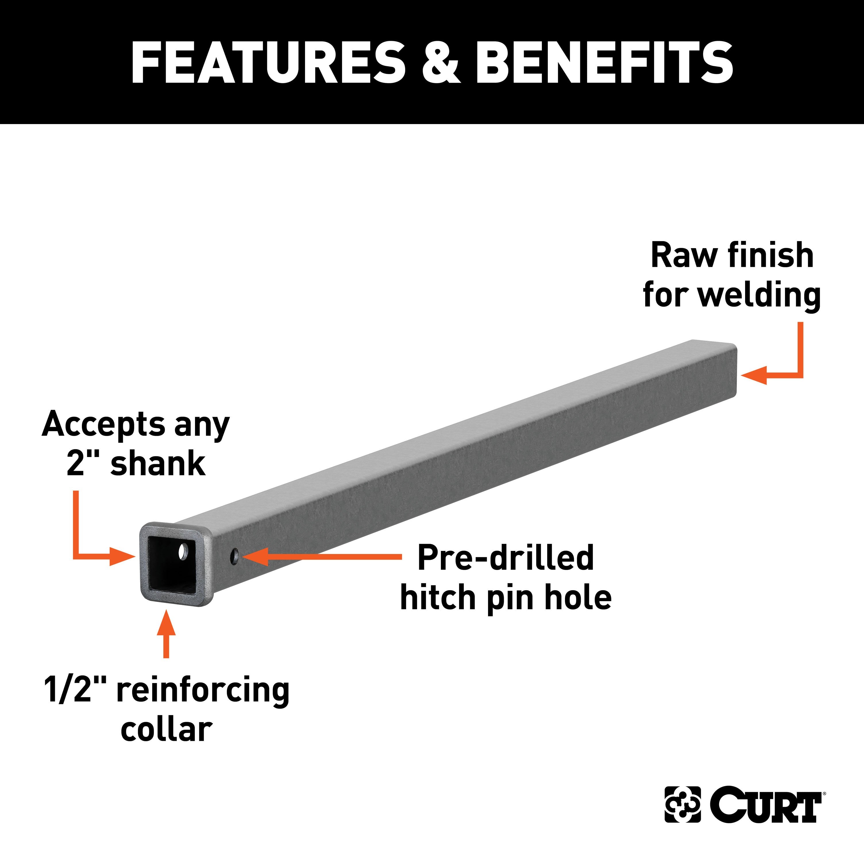 CURT 2-Inch x 48-Inch Weld-On Raw Steel Trailer Hitch Receiver Tube Model 49480