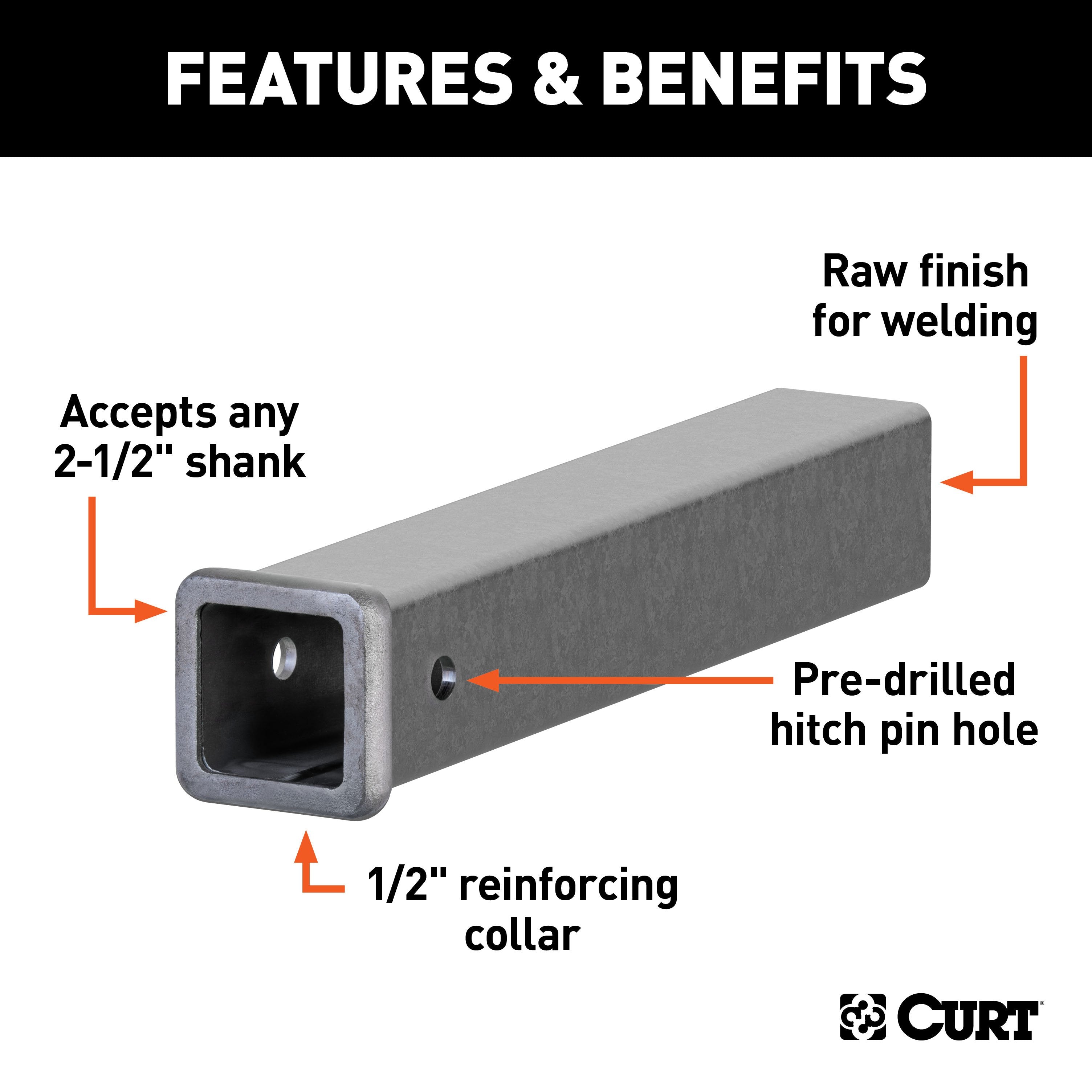 CURT 2-1/2-Inch x 18-Inch Weld-On Raw Steel Trailer Hitch Receiver Tube Model 49511