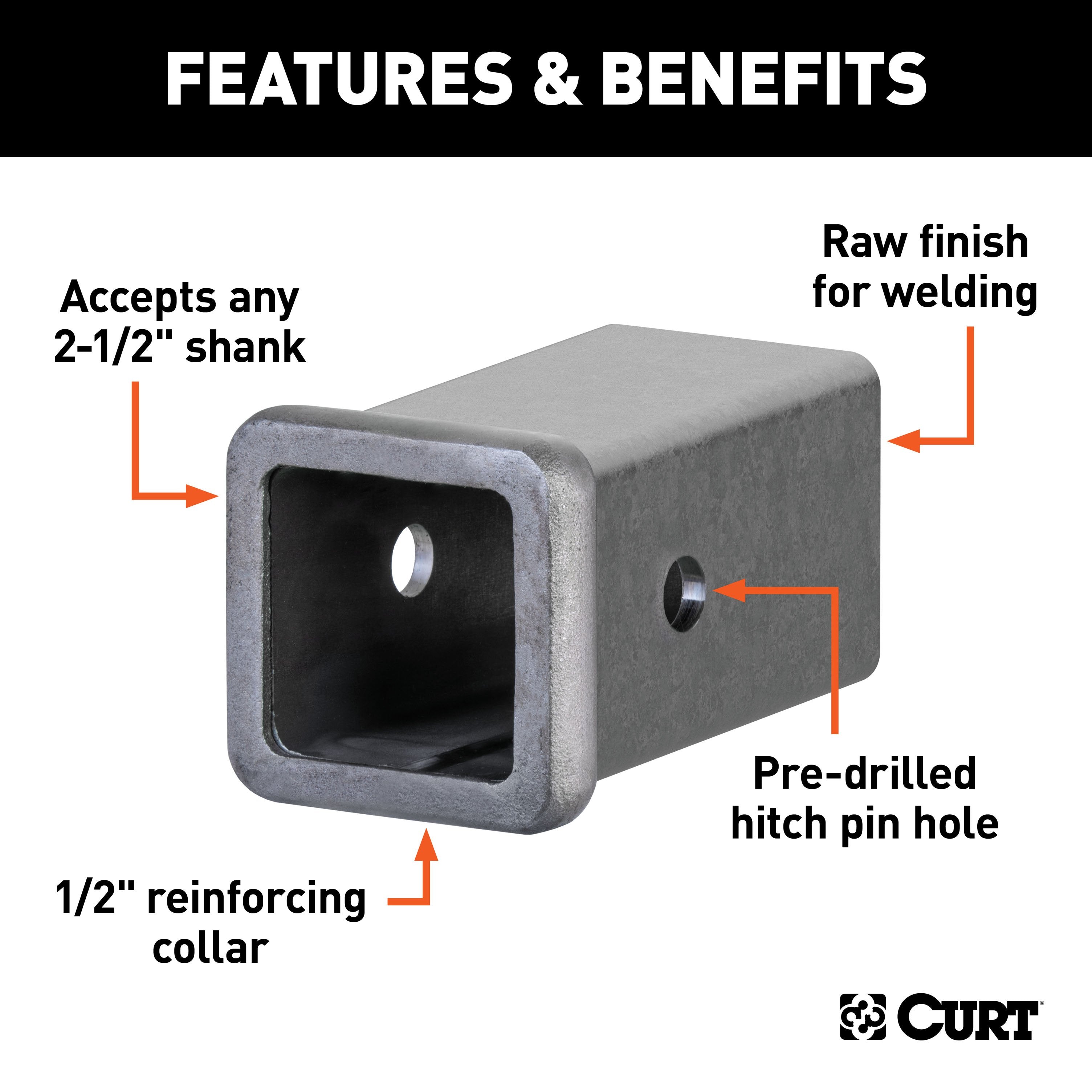 CURT 2-1/2-Inch x 6-Inch Weld-On Raw Steel Trailer Hitch Receiver Tube Model 49516