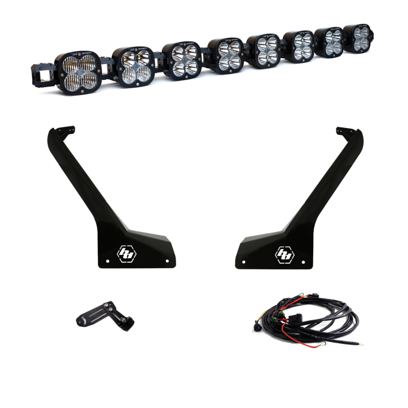 Baja Designs Jeep JL/JT Roof Bar LED Light Kit includes eight linkable XL lights, mounting brackets, and wiring harness.