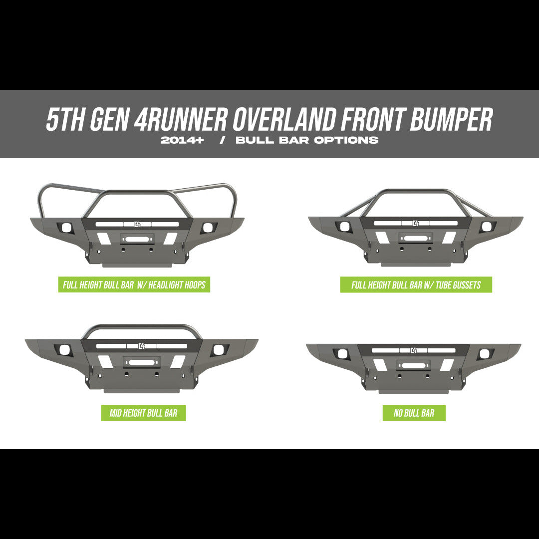 5th Gen 4Runner Overland Series front bumper options for 2014-2024, showcasing various bull bar configurations.