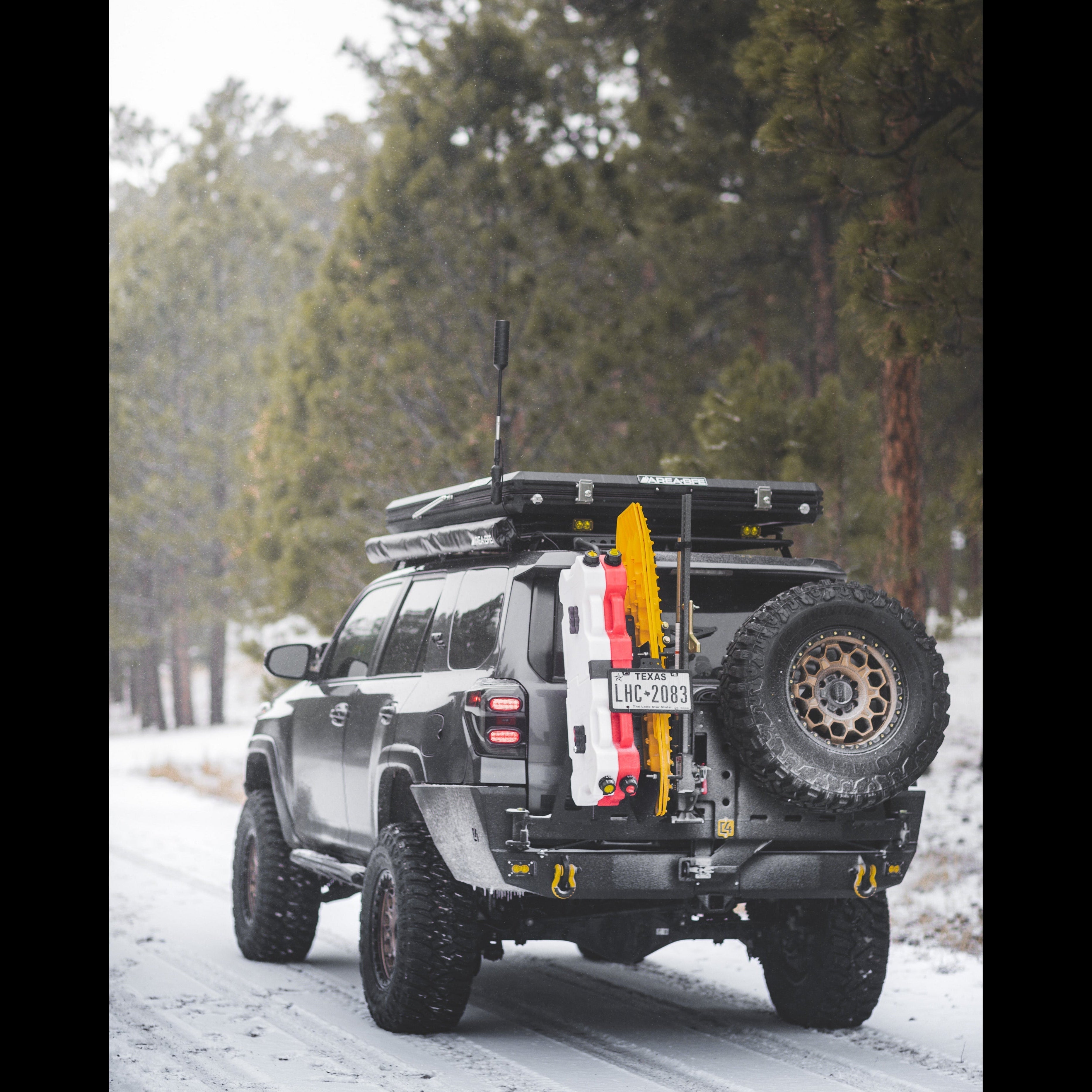4Runner Overland Series rear bumper for 5th Gen models, showcasing offroad accessories in a snowy landscape.