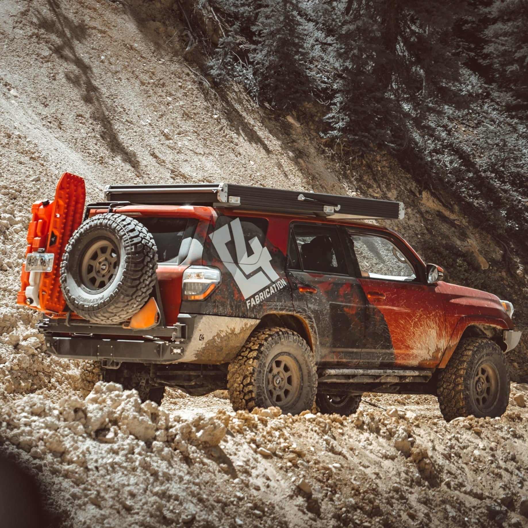 4Runner Overland Series rear bumper installed on a 5th Gen 4Runner, showcasing offroad capabilities in rugged terrain.