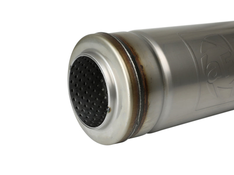 AFE MACH Force-XP round muffler with a 3-inch inlet, 5-inch diameter, and 14-inch length, showcasing a polished stainless steel finish.