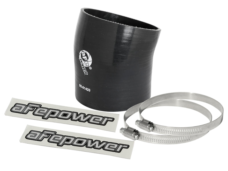 Black afe Magnum FORCE Intake Coupling Kit with elbow coupler, two stainless steel clamps, and branded stickers.