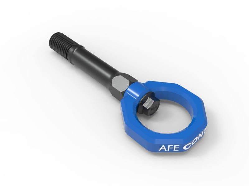 aFe CONTROL Tow Hook for Nissan Z 23-25 V6-3.0L, featuring a durable design with a blue ring and black bolt for secure towing.