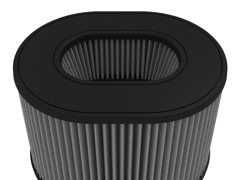 afe Magnum FORCE replacement air filter with an oval design, featuring a gray pleated filter media and a black frame.