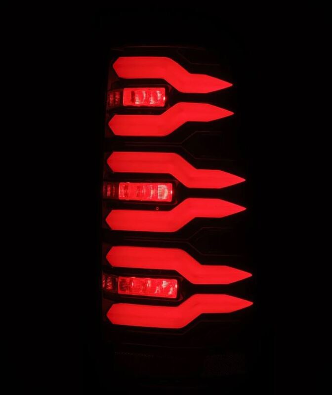 AlphaRex LUXX-Series LED tail lights for 99-06 Chevrolet Silverado and GMC Sierra in black and red design.