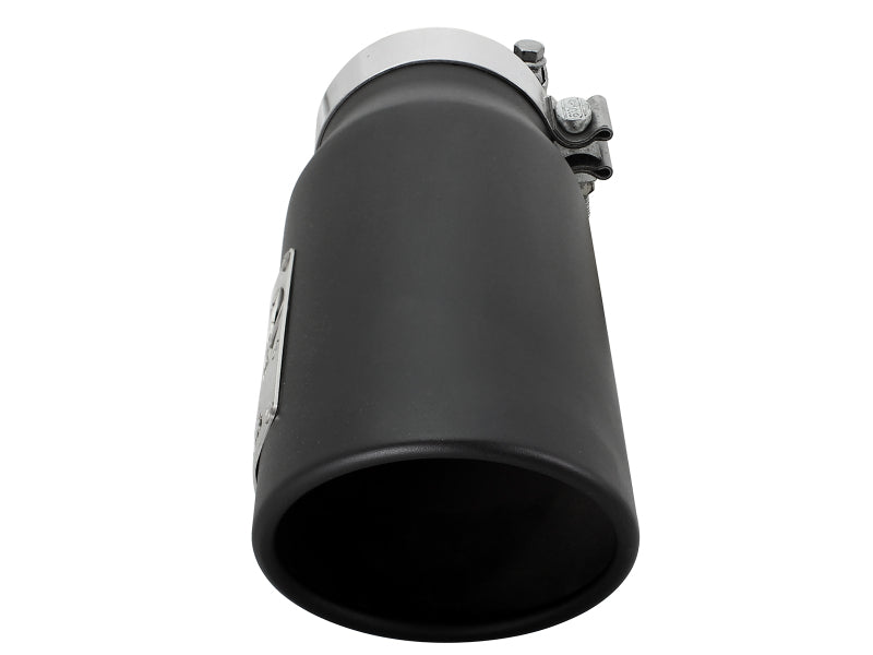 AFE MACH Force-XP universal exhaust tip featuring a 4-inch inlet, 5-inch outlet, and 12-inch length, with a sleek black finish.