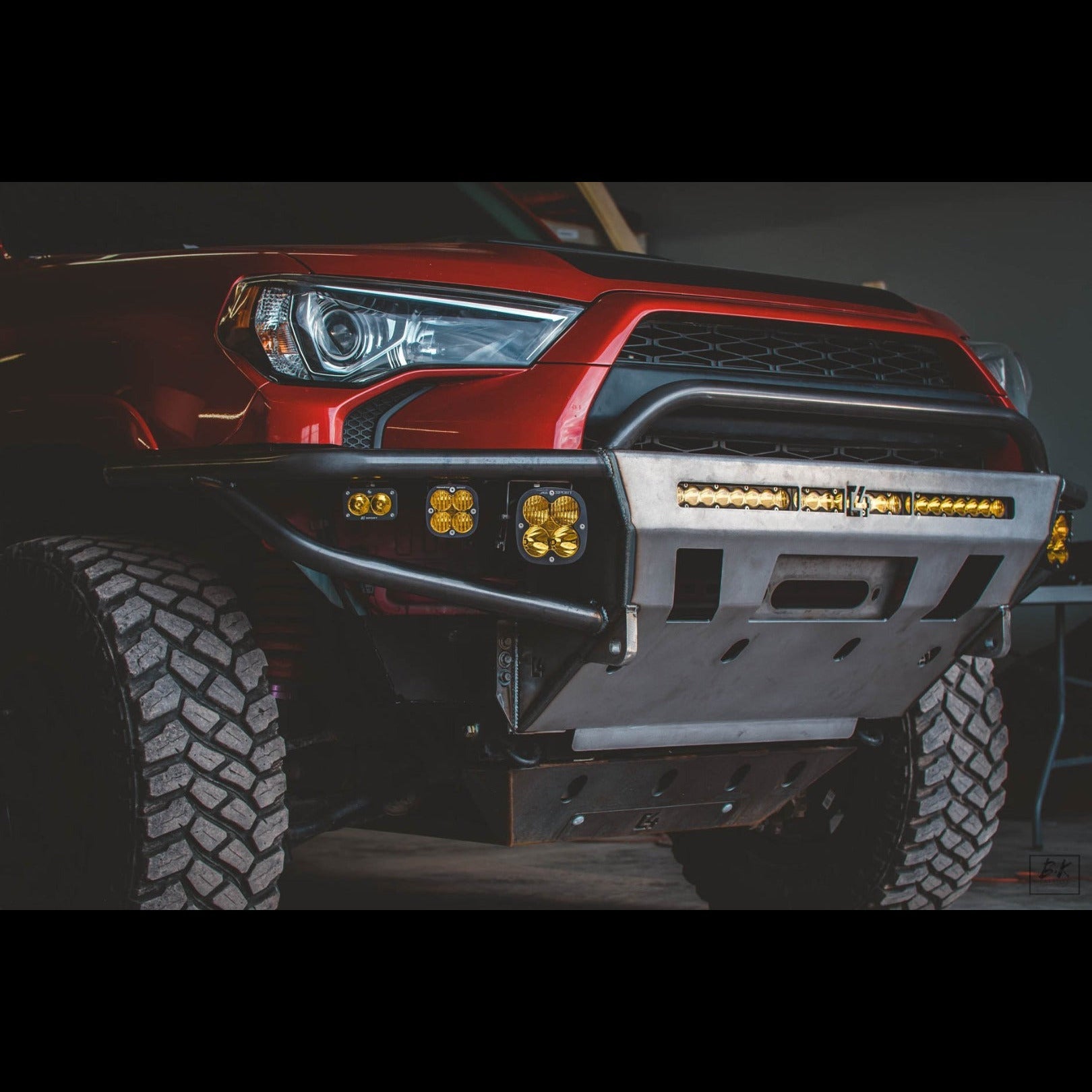 4Runner Hybrid Front Bumper for 5th Gen models (2014-2024) featuring integrated lights and rugged design for offroad performance.