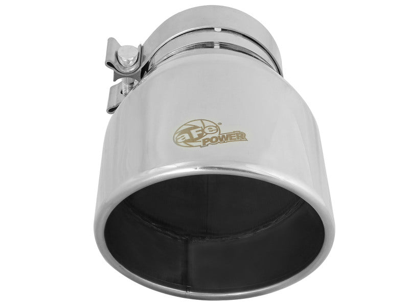 Polished aFe MACH Force-Xp exhaust tip with 4-inch inlet, 6-inch outlet, and 9-inch length for enhanced performance.