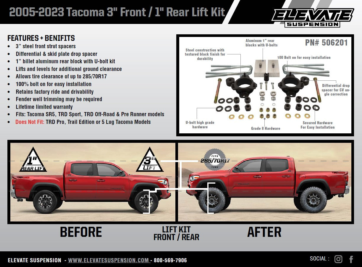 Elevate 3”/1” FRL Lift Kit, 2005+ Toyota Tacoma 2/4WD