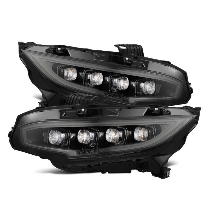 AlphaRex NOVA-Series LED projector headlights for 2016-2021 Honda Civic in alpha-black with sequential signals.