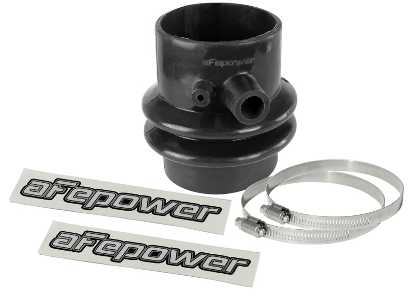 Black afe Magnum FORCE Intake Coupling Kit featuring a straight bellow-coupler, two clamps, and branded stickers.
