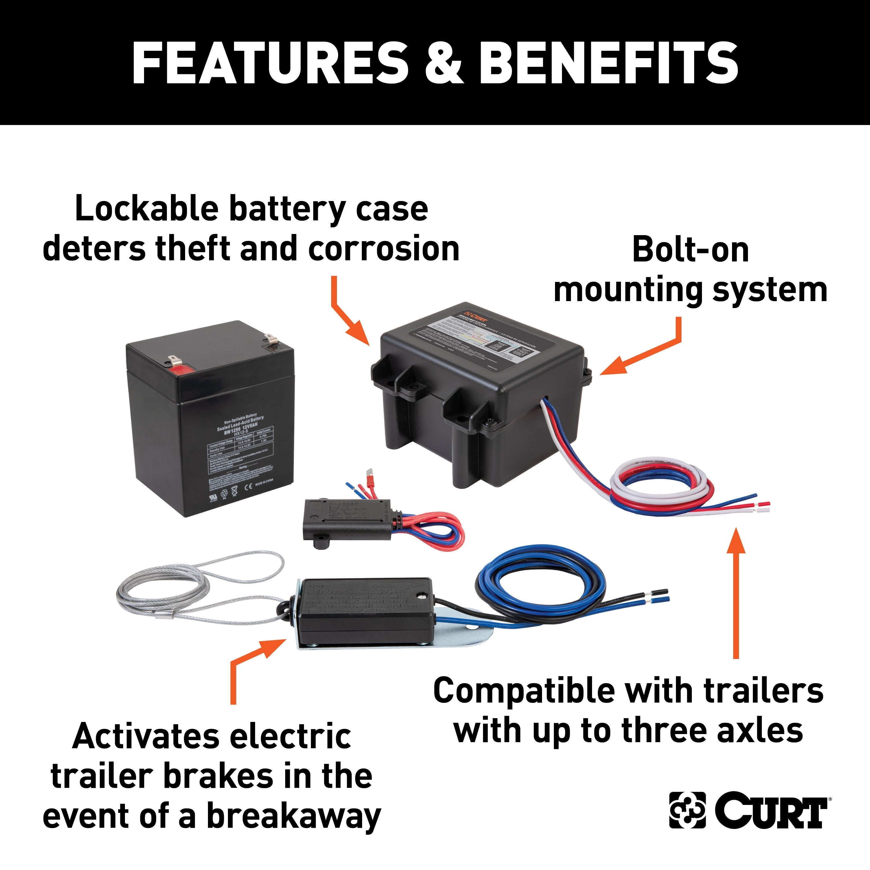 CURT Soft-Trac 1 Trailer Breakaway Switch Kit System with Battery and Charger Model 52040