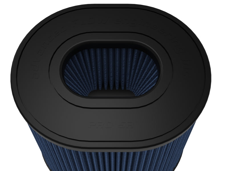 afe Magnum FORCE replacement air filter featuring a cylindrical design with a black top and blue pleated filter material.