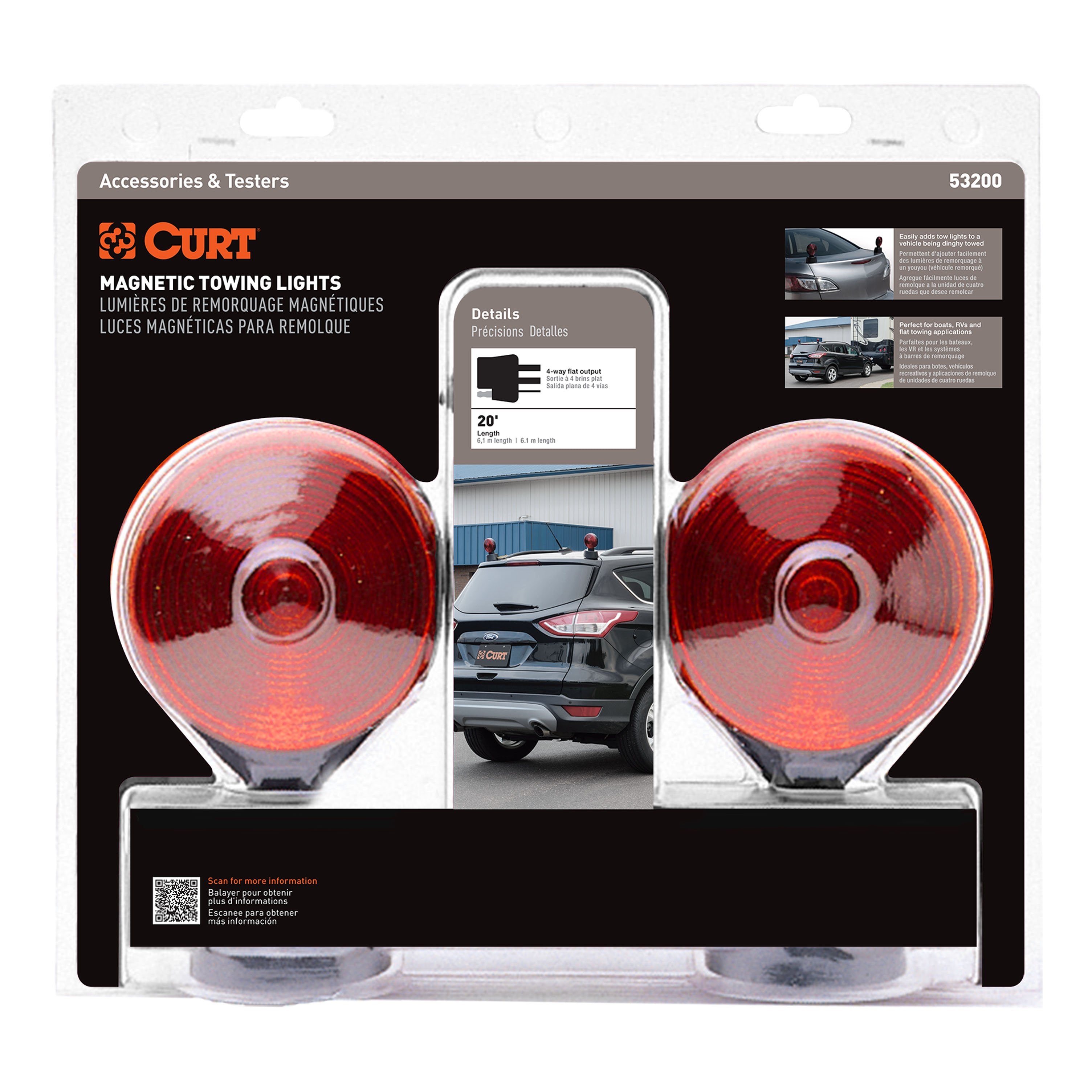 CURT Magnetic Trailer Lights for Dinghy Towing, 4-Pin Flat Plug, Stop Tail Turn Model 53200
