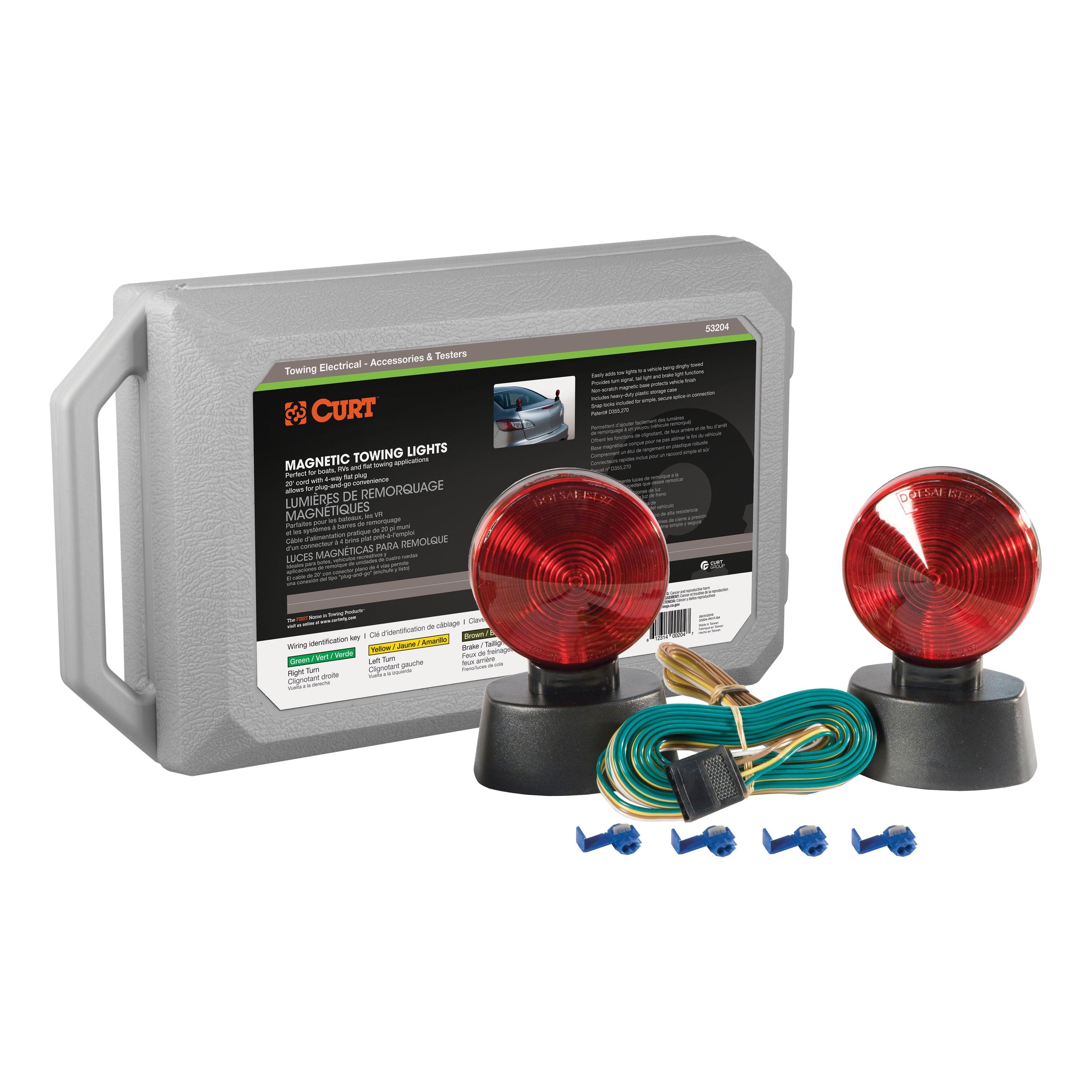CURT Magnetic Trailer Lights for Dinghy Towing, 4-Pin Flat Plug, Stop Tail Turn, Storage Case Model 53204