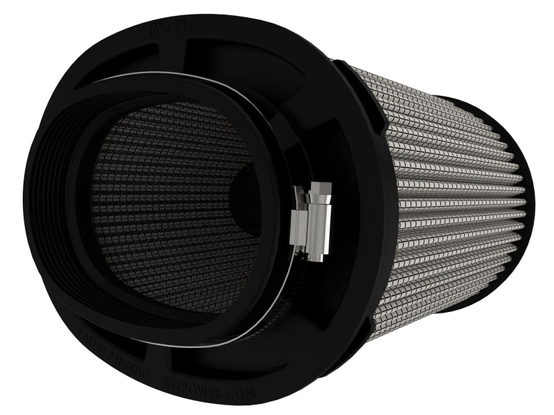 Afe Momentum replacement air filter featuring a cylindrical design with a black frame and pleated filter media for enhanced airflow.