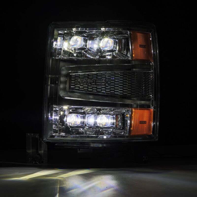 AlphaRex NOVA-Series LED projector headlights for 04-15 Chevy 1500HD with chrome finish, sequential signals, and daytime running lights.