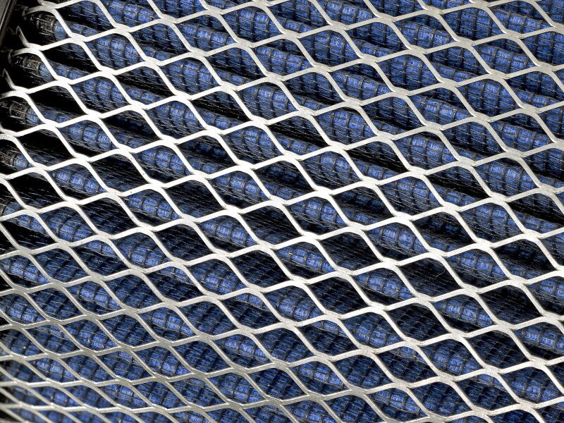 Close-up of an AFE Momentum intake replacement air filter showcasing its mesh design and dimensions for optimal airflow.
