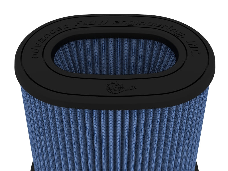 Afe Momentum replacement air filter with a blue pleated design and black rubber frame, measuring 6-3/4x4-3/4 inches.