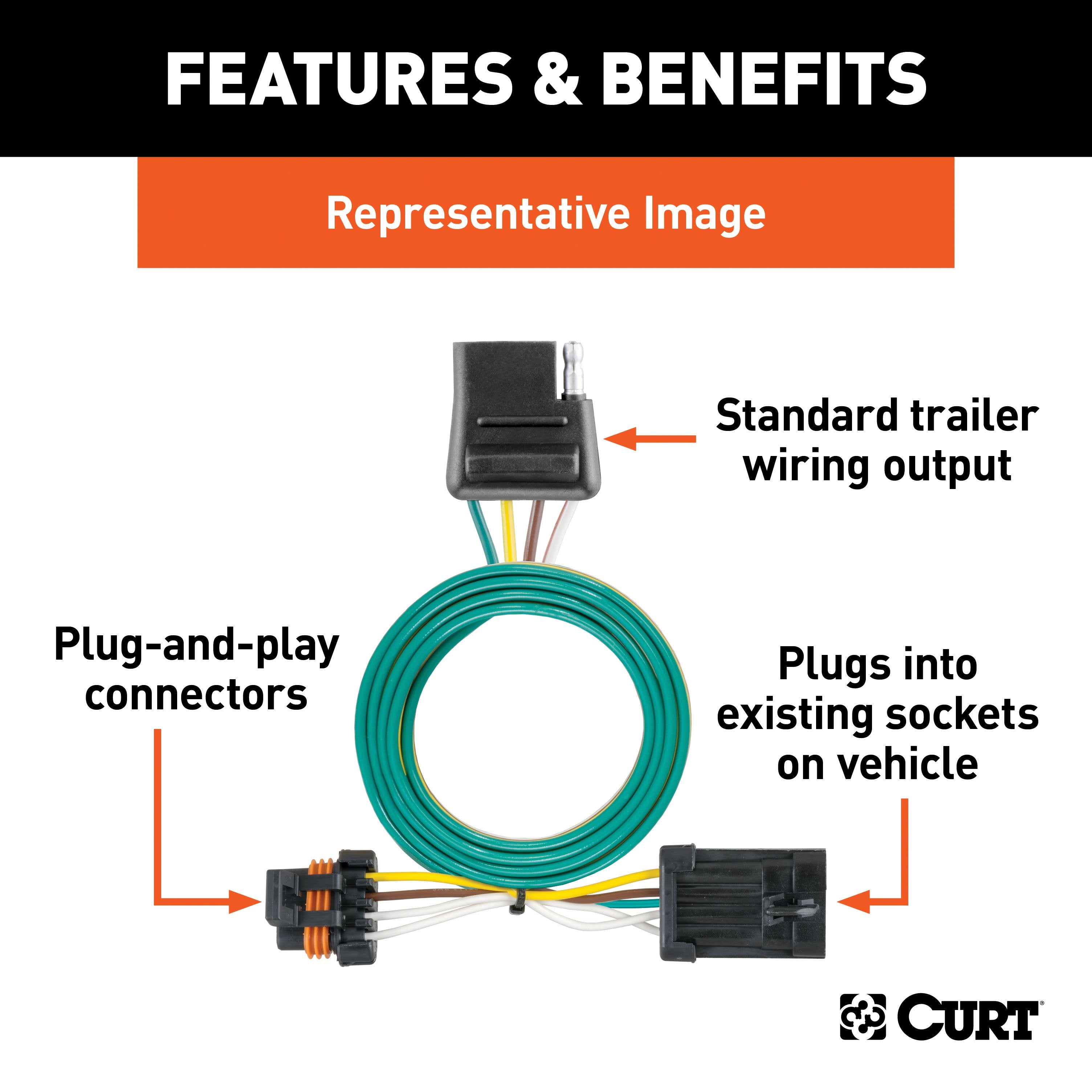 CURT Vehicle-Side Custom 4-Pin Trailer Wiring Harness, Fits Select Chevrolet, GMC C/K Suburban, Blazer, Tahoe, Yukon, Cadillac Escalade Model 55319