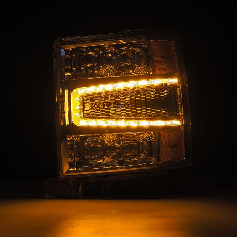 AlphaRex NOVA-Series LED projector headlights for 04-15 Chevy 1500HD with chrome finish, sequential signals, and DRL.