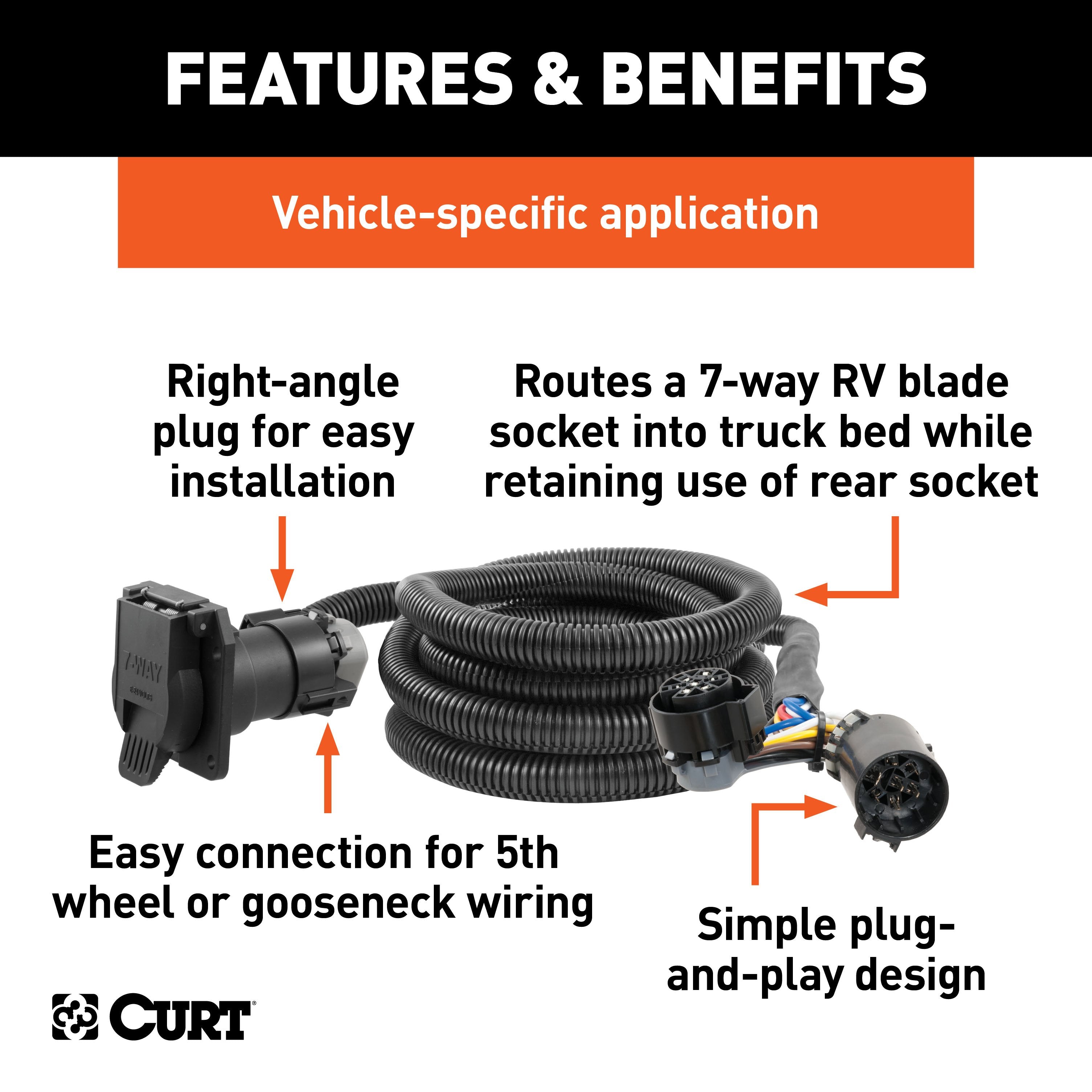 CURT 10-Foot Vehicle-Side Truck Bed 7-Pin Trailer Wiring Harness Extension, Select Chevrolet, Dodge, Ford, GMC, Nissan, Ram, Toyota Model 56000