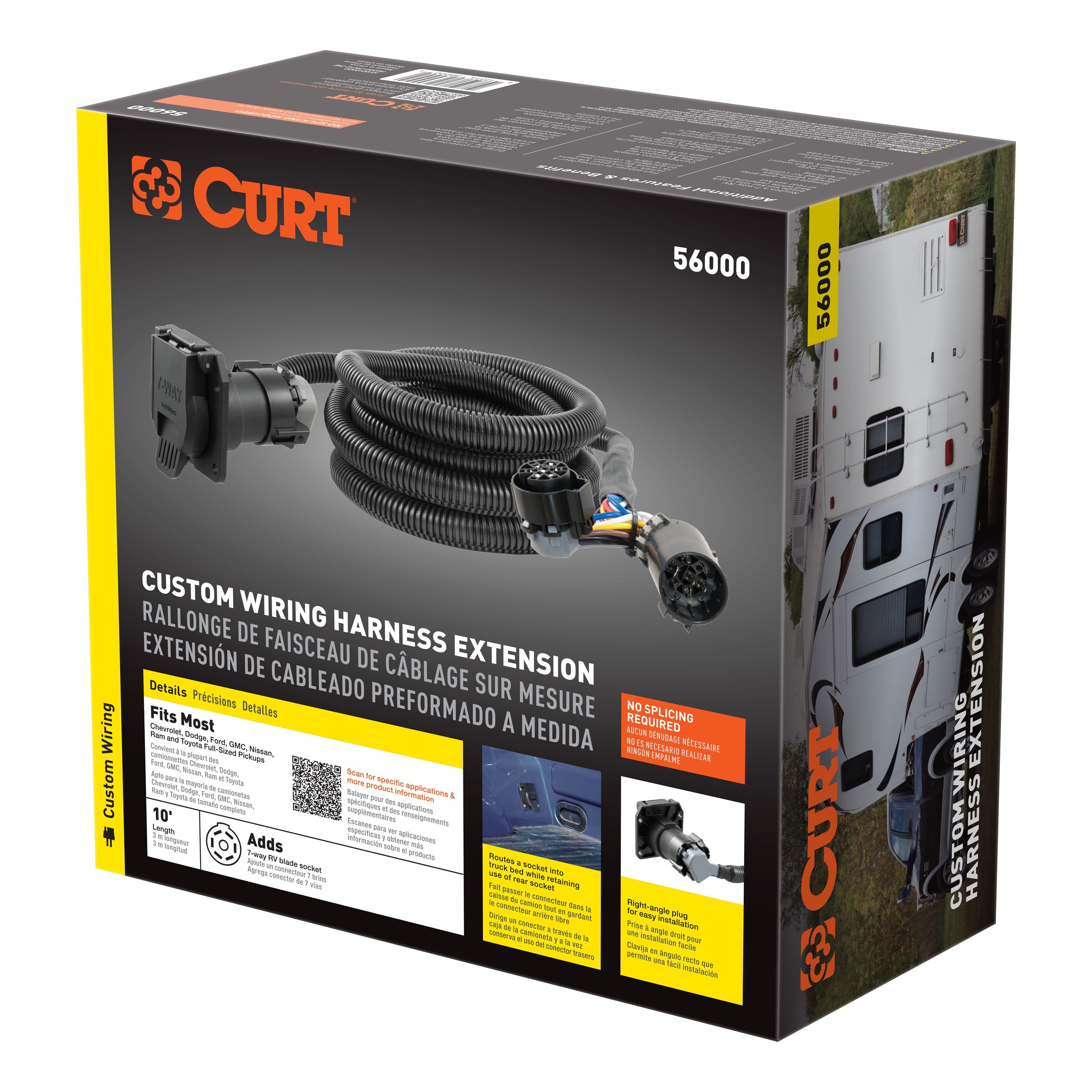 CURT 10-Foot Vehicle-Side Truck Bed 7-Pin Trailer Wiring Harness Extension, Select Chevrolet, Dodge, Ford, GMC, Nissan, Ram, Toyota Model 56000