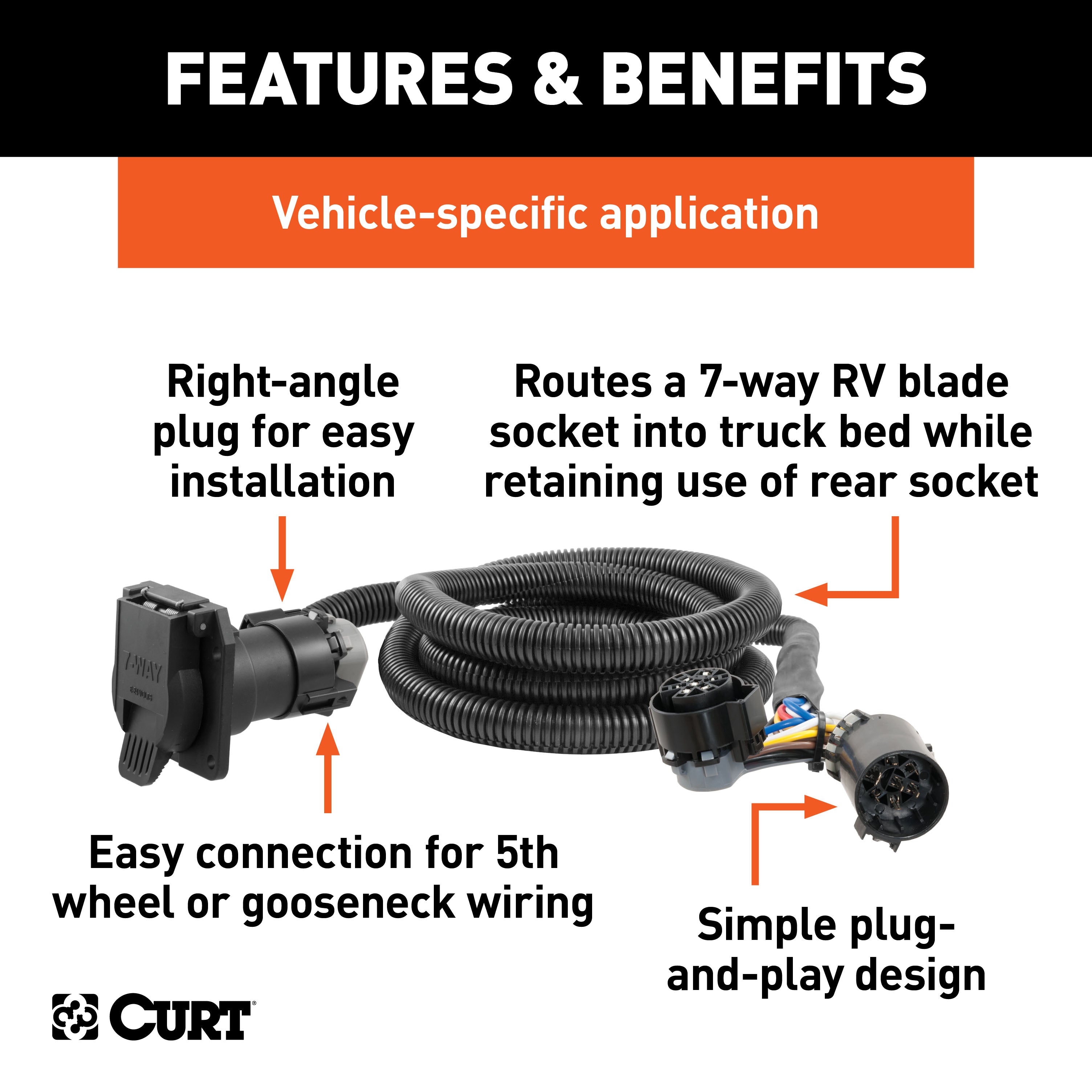 CURT 7-Foot Vehicle-Side Truck Bed 7-Pin Trailer Wiring Harness Extensions, Select Chevy, Dodge, Ford, GMC, Nissan, Ram, Toyota, 10-Pk Model 56070010
