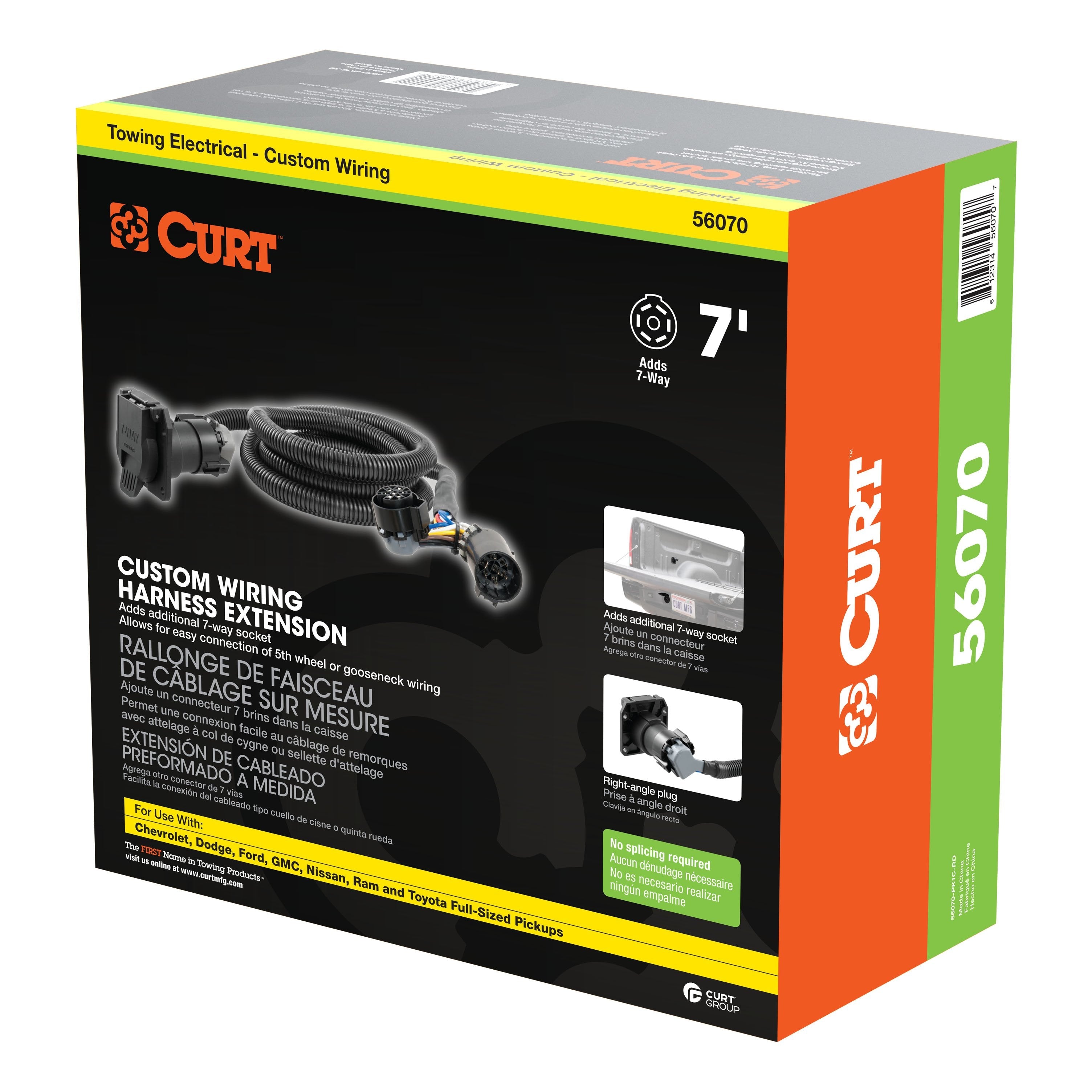 CURT 7-Foot Vehicle-Side Truck Bed 7-Pin Trailer Wiring Harness Extension, Select Chevrolet, Dodge, Ford, GMC, Nissan, Ram, Toyota Model 56070
