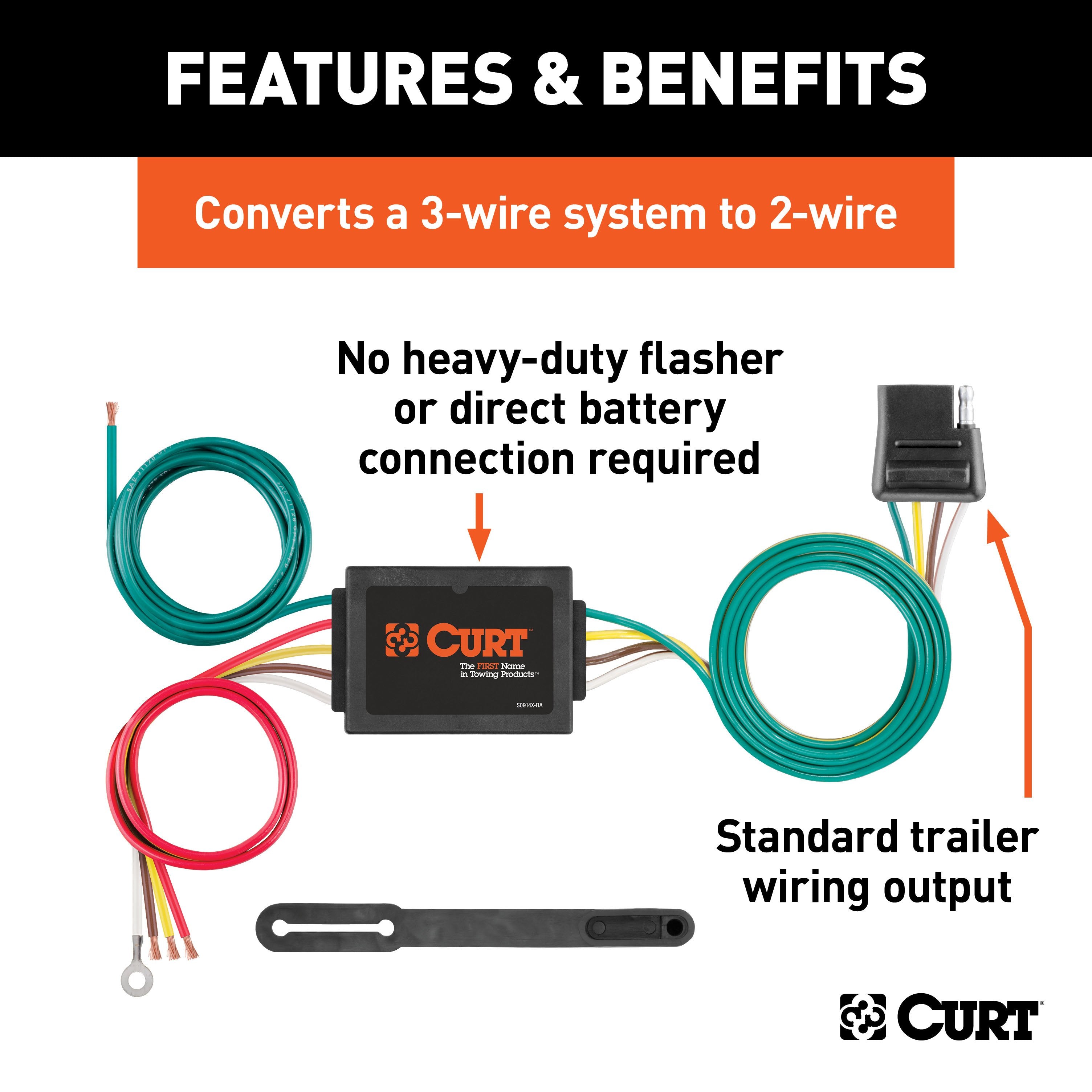 CURT Non-Powered 3-to-2-Wire Splice-in Trailer Taillight Converter, 4-Pin Wiring Harness Model 56130
