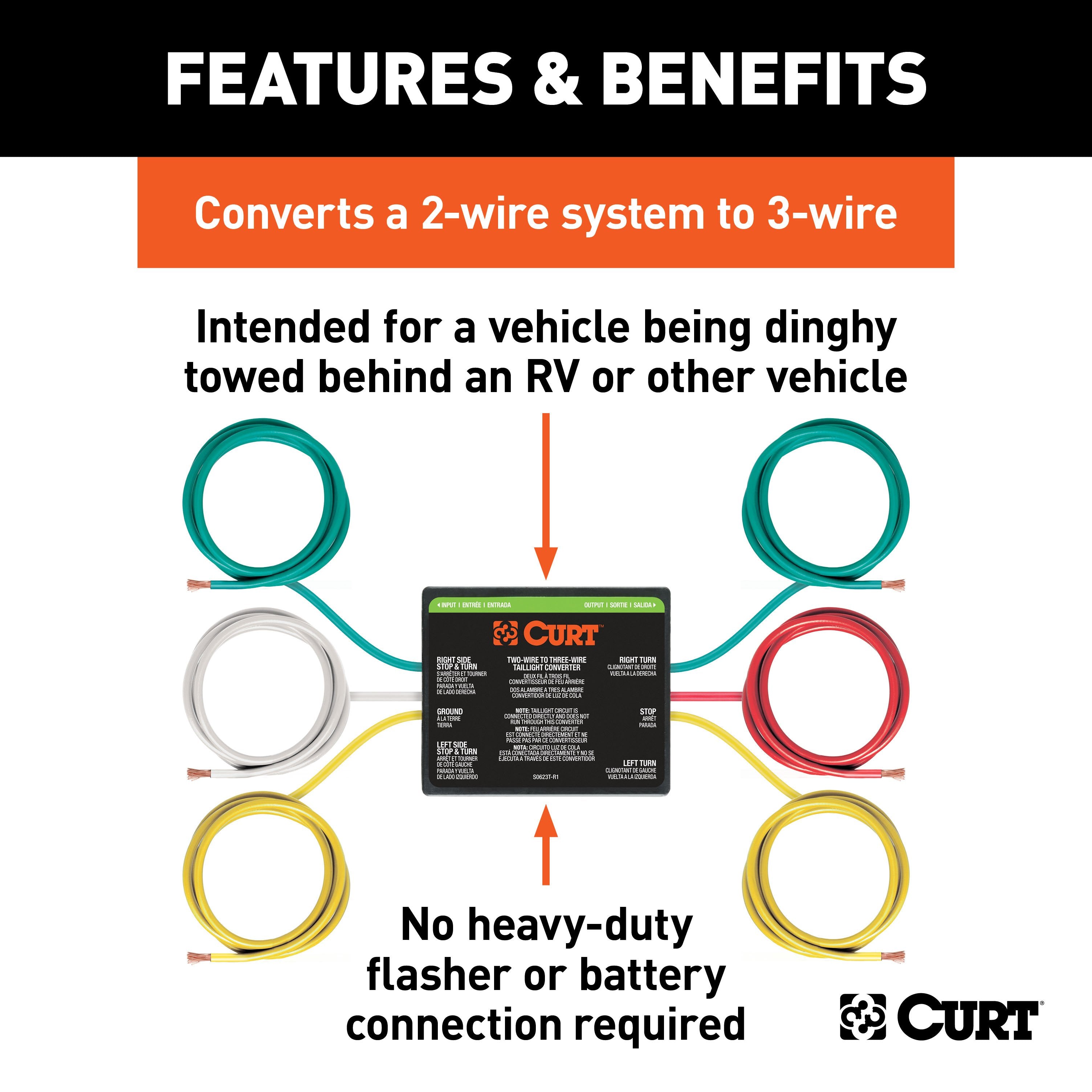 CURT 2-to-3-Wire Splice-in Trailer Taillight Converter for RV Dinghy Towing Model 56196