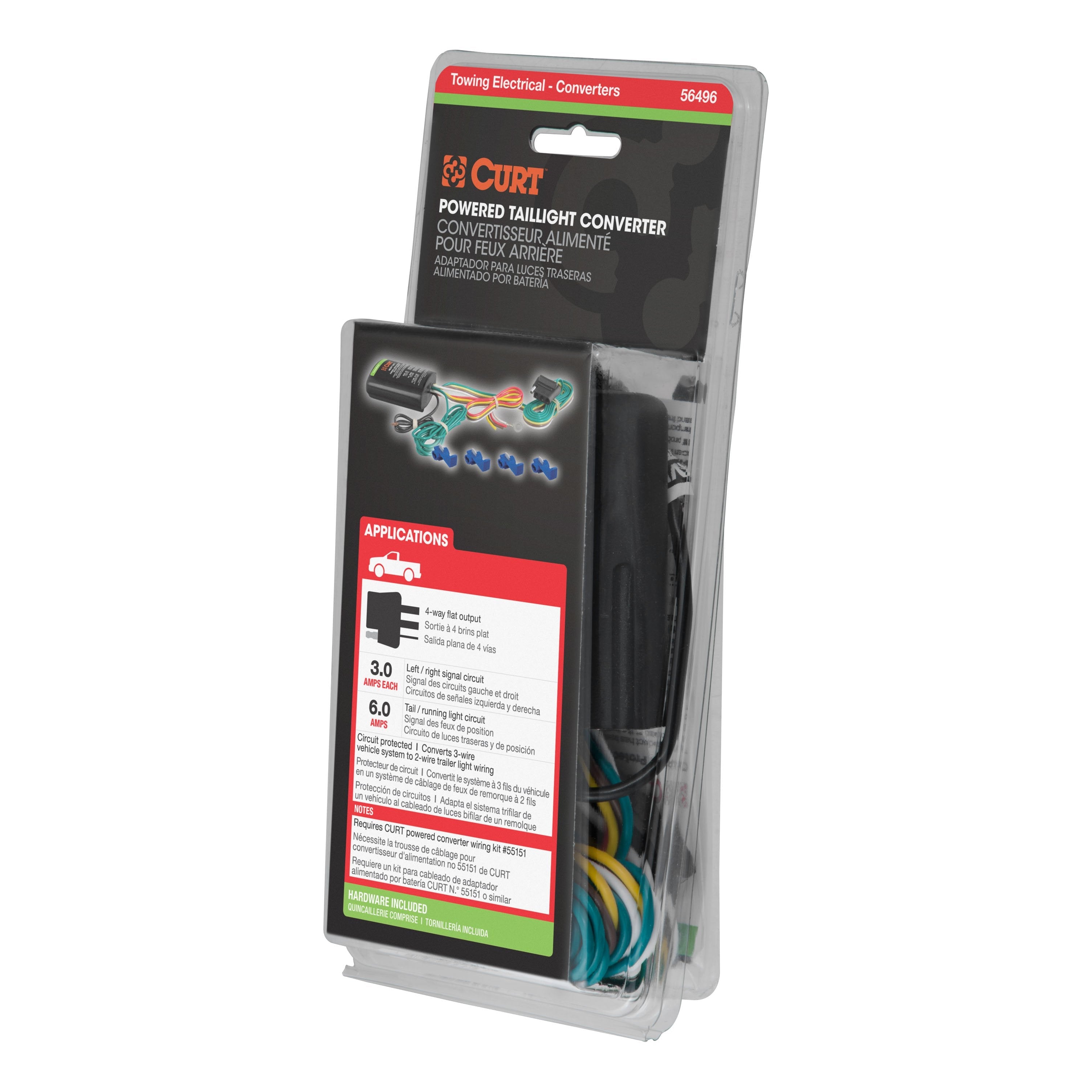 CURT Weather-Resistant Powered 3-to-2-Wire Splice-in Trailer Taillight Converter, 4-Pin Wiring Harness Model 56496