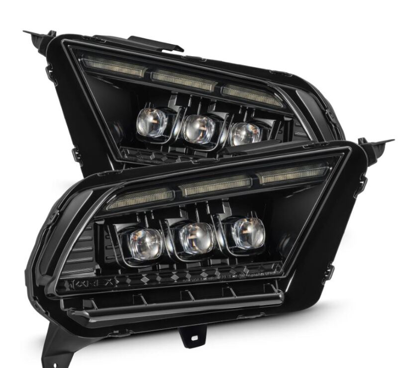 AlphaRex NOVA-Series LED projector headlights for 2010-2012 Ford Mustang in black with sequential signals.
