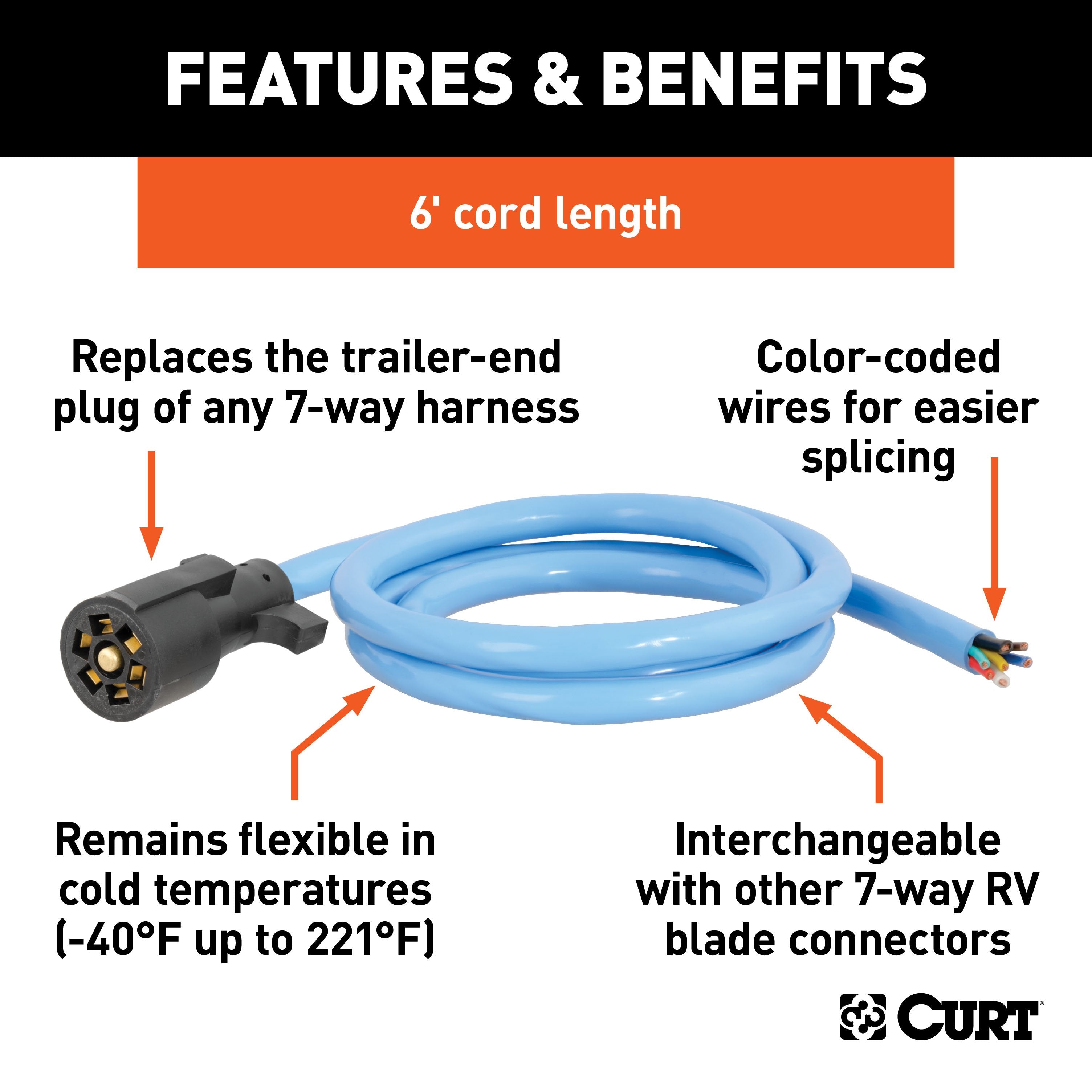 CURT Extreme Temperature, Cold Weather 7-Pin RV Blade Trailer Wiring Harness Plug, 6-Foot Blunt-Cut Wires, -40F to 221F Degree Rating Model 56611