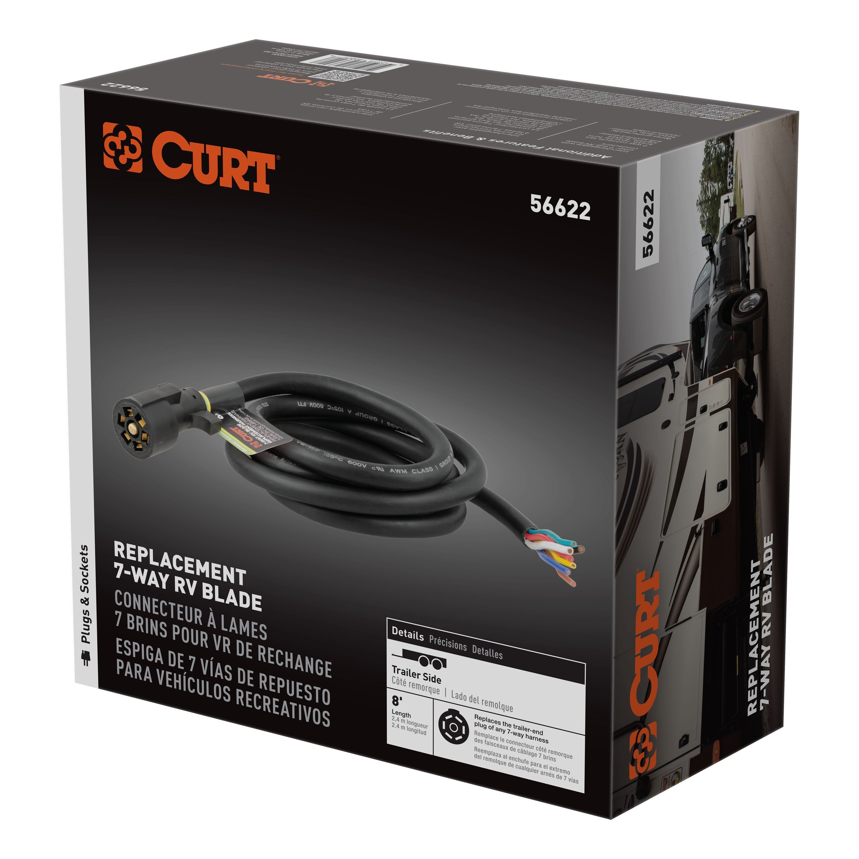 CURT Replacement 7-Pin RV Blade Trailer Wiring Harness Plug, 8-Foot Blunt-Cut Wires, Boxed Model 56622