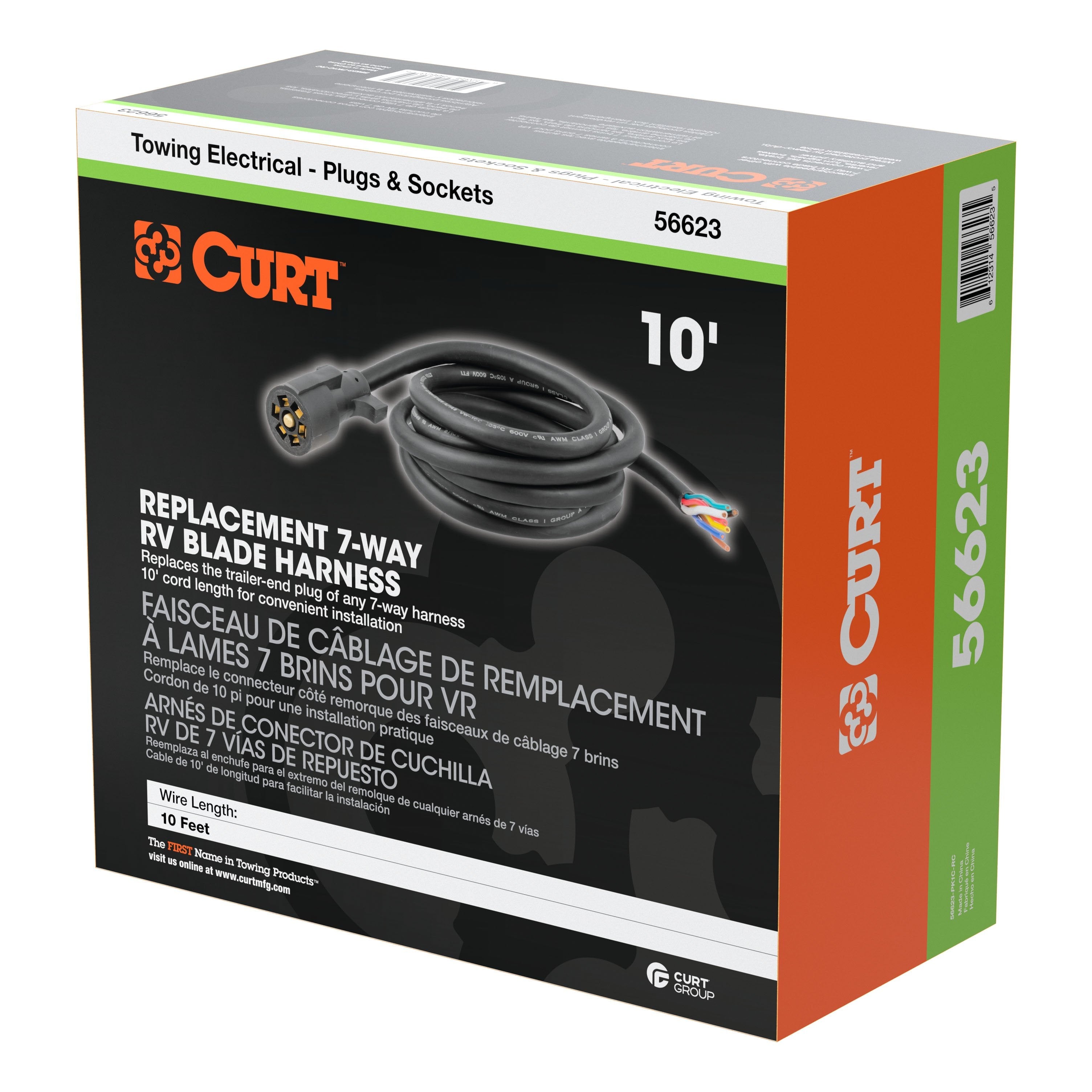 CURT Replacement 7-Pin RV Blade Trailer Wiring Harness Plug, 10-Foot Blunt-Cut Wires, Boxed Model 56623