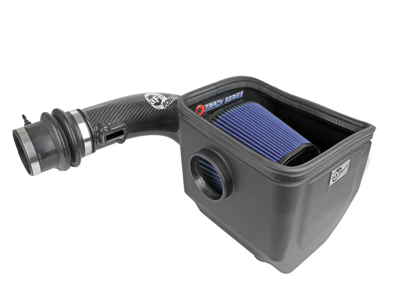 afe Track Series Open Element Intake for Nissan Patrol Y61, featuring a carbon fiber intake tube and blue filter.