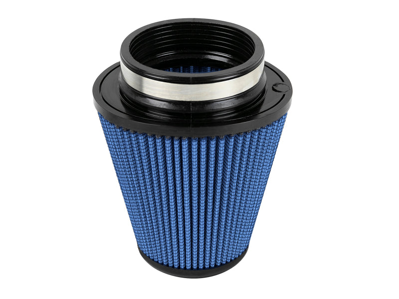 aFe Magnum FLOW Pro 5R round tapered air filter designed for OE replacement, featuring a blue filter media for enhanced airflow.