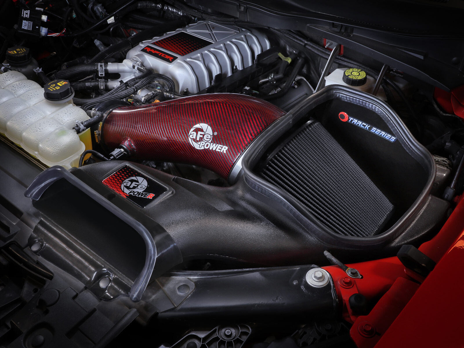 Track Series Red Kevlar/Carbon Fiber Intake System w Pro 5R Filter Black Ford F-150 Raptor R 23-26 V8-5.2L (sc) aFe Power