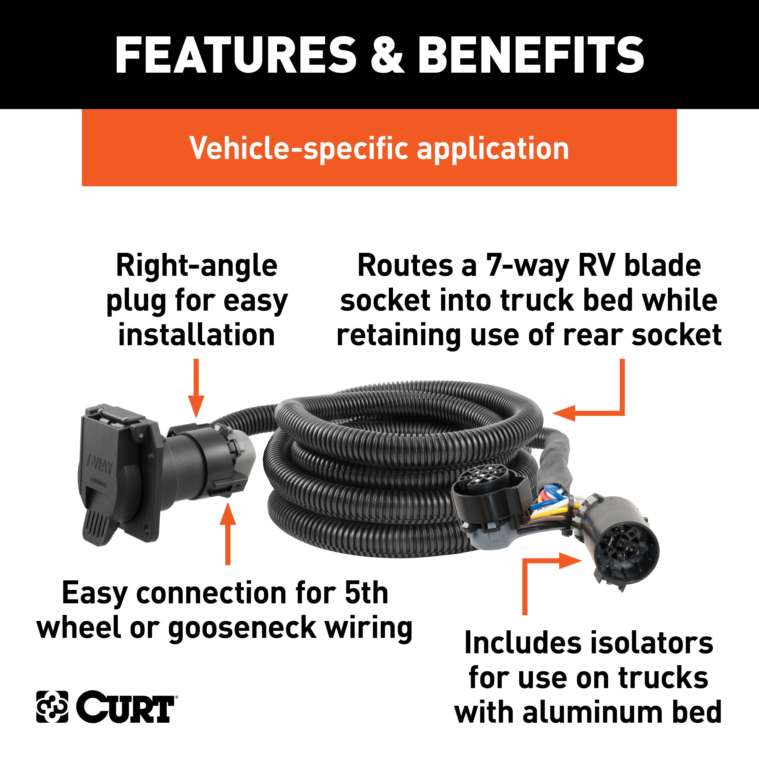 CURT 10-Foot Vehicle-Side Truck Bed 7-Pin Trailer Wiring Harness Extension, Select Ford F-150, F-250, F-350 Super Duty Model 57010