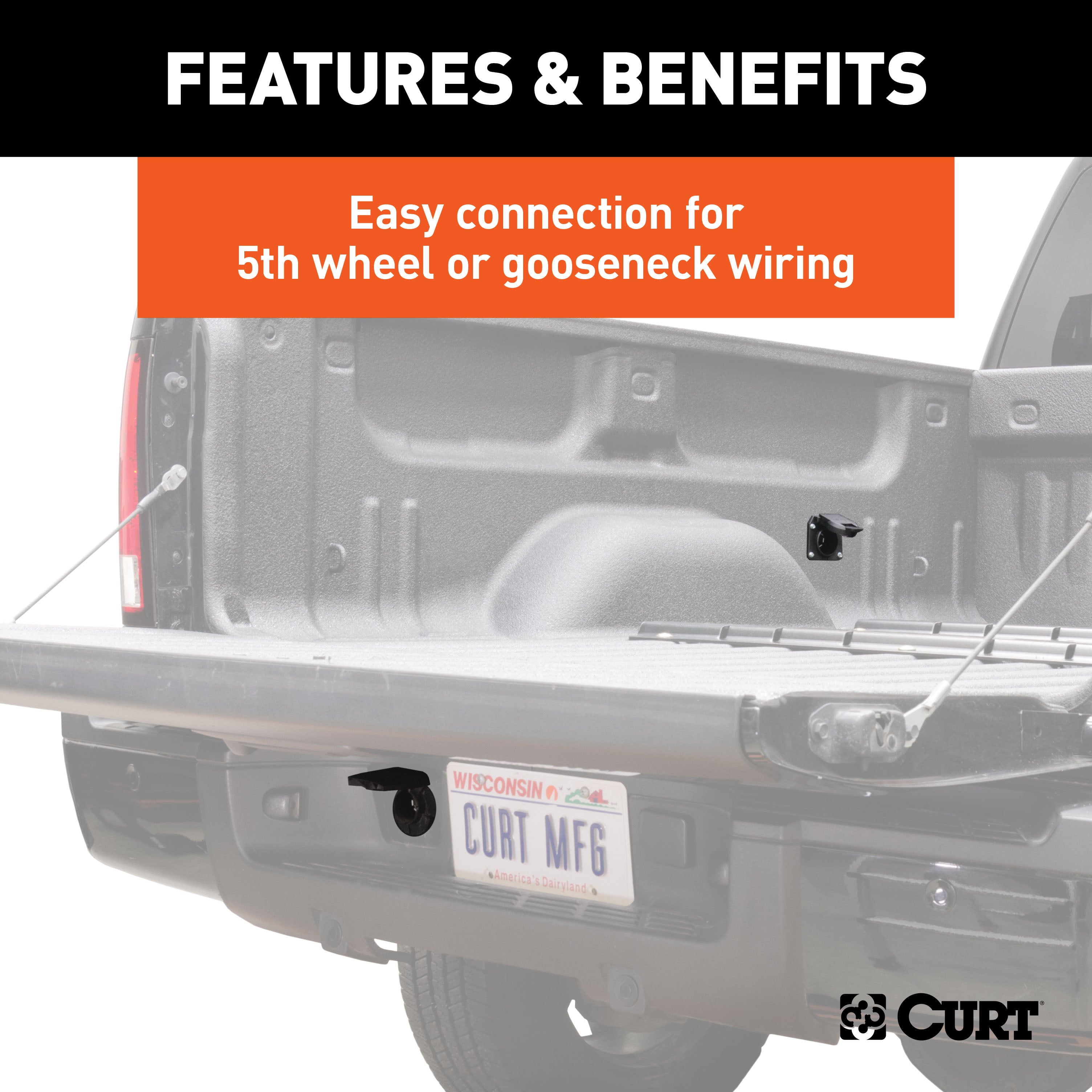CURT 10-Foot Vehicle-Side Truck Bed 7-Pin Trailer Wiring Harness Extension, Select Ford F-150, F-250, F-350 Super Duty Model 57010