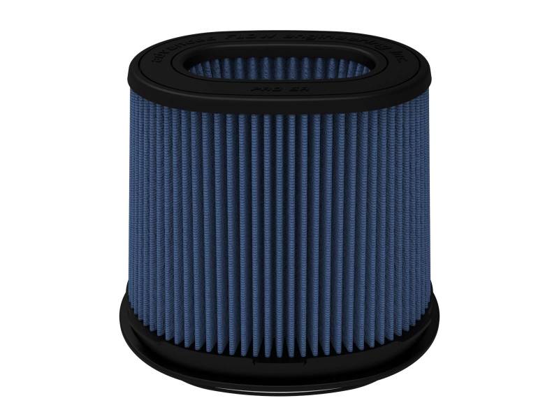 aFe MagnumFLOW Pro 5R Air Filter featuring a blue filter media and black rubber base, designed for improved airflow and performance.