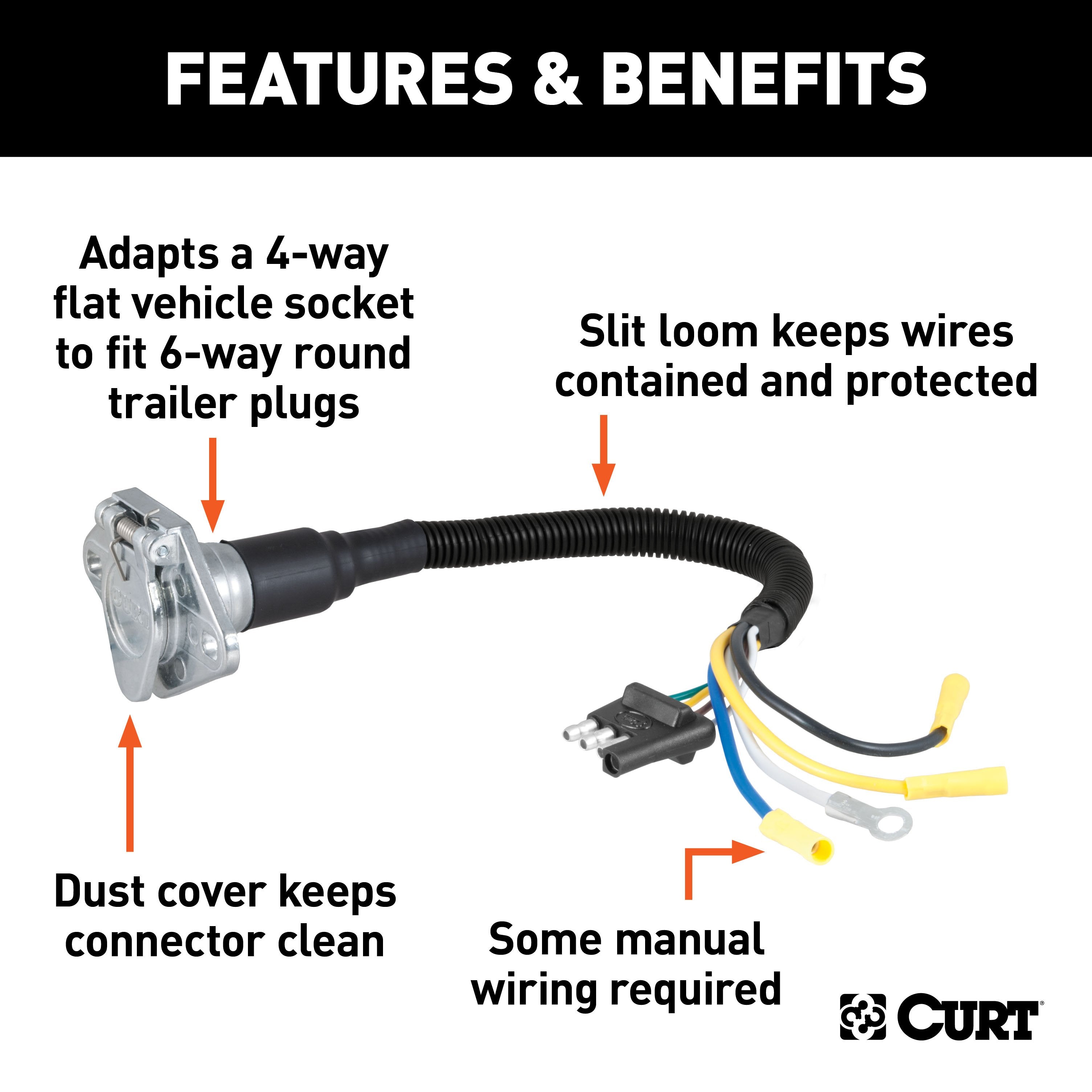 CURT 4-Way Flat Vehicle-Side to 6-Way Round Trailer Wiring Adapter Model 57183