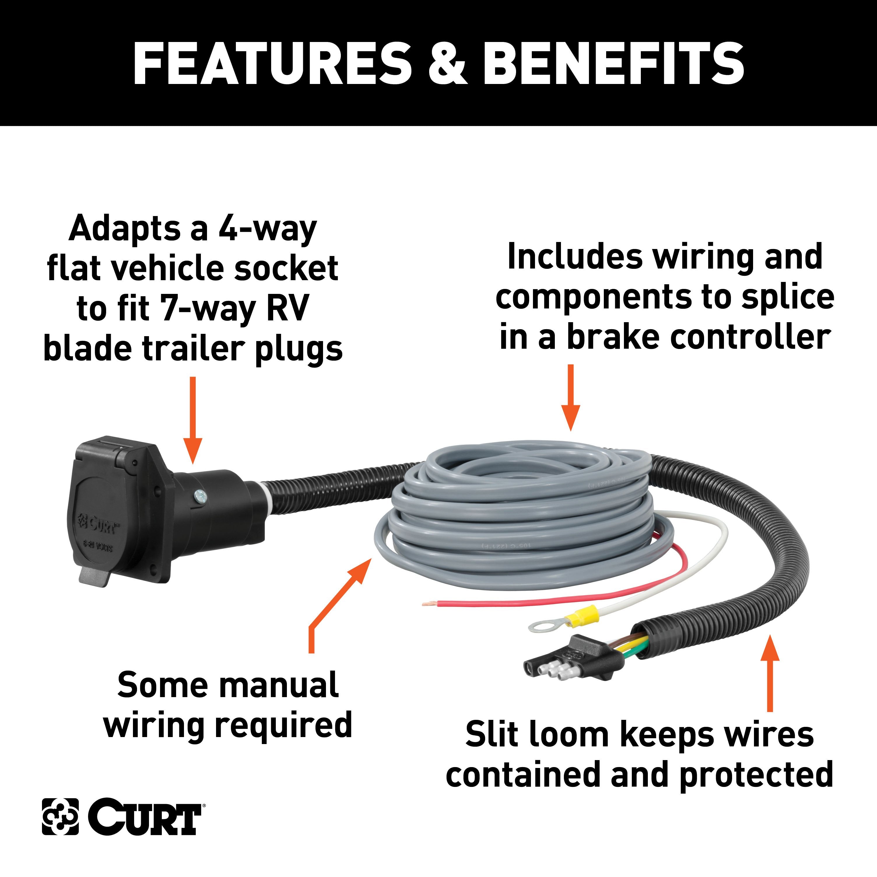 CURT 4-Way Flat Vehicle-Side to 7-Way RV Blade Trailer Adapter with Brake Controller Wiring Model 57186