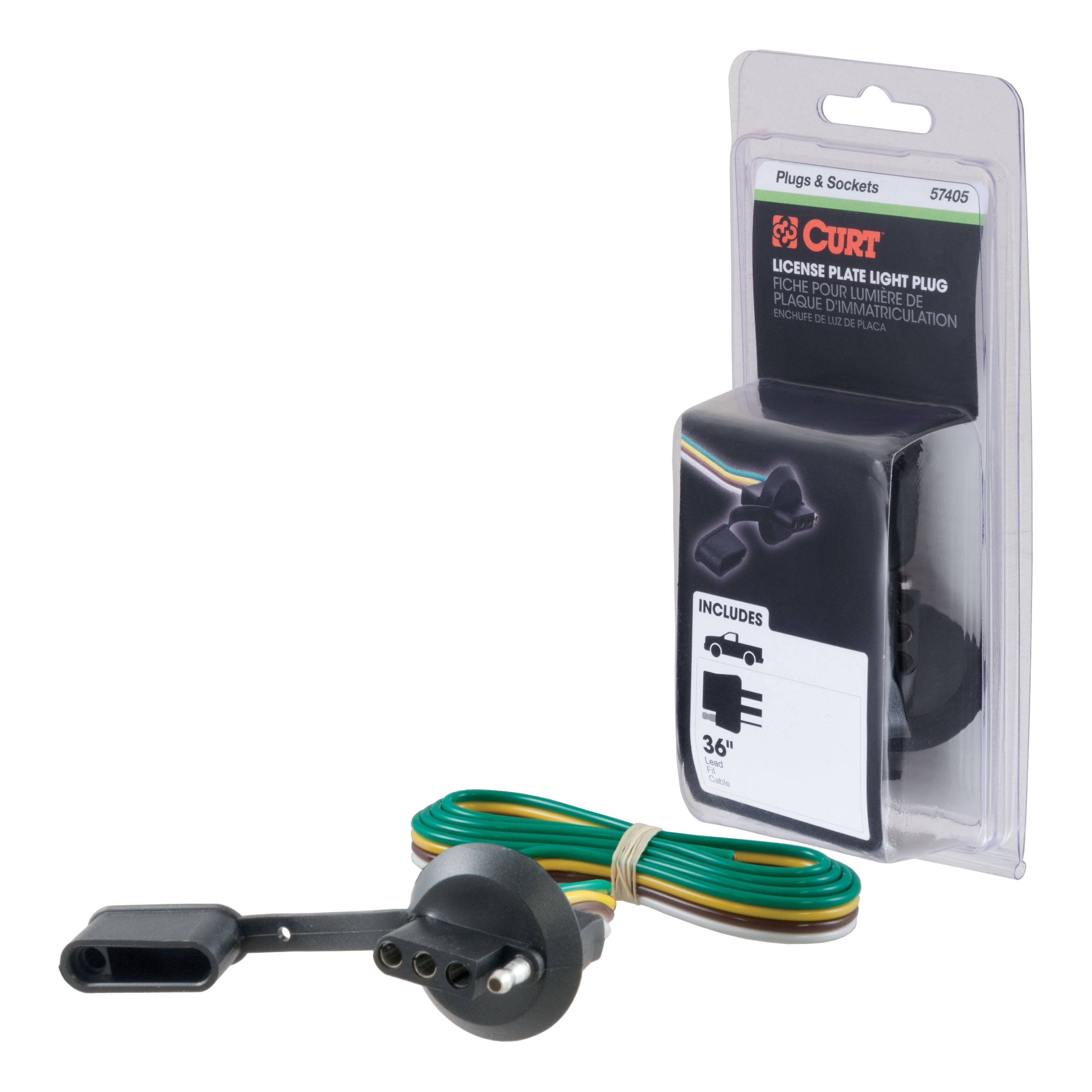 CURT Vehicle-Side 4-Pin Flat Trailer Wiring Harness with 36-Inch Wires, Fits 1-1/4-Inch License Plate Light Hole Model 57405